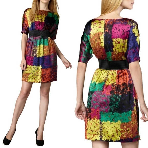 Trina Turk Silk Fosse Belted Abstract Rainbow Dress 0 - Picture 1 of 13